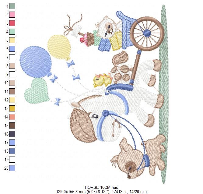 Horse embroidery design - Baby Boy Birthday Party Balloons machine embroidery pattern - Dog and Cat file - instant digital download pes jef