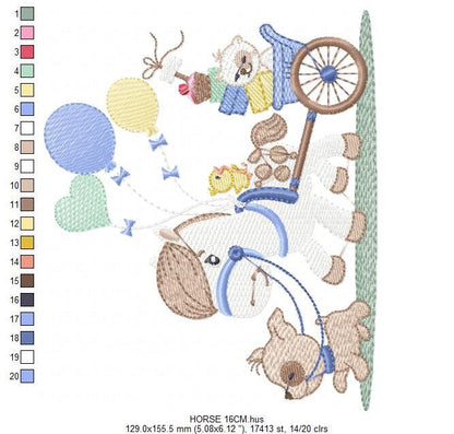 Horse embroidery design - Baby Boy Birthday Party Balloons machine embroidery pattern - Dog and Cat file - instant digital download pes jef
