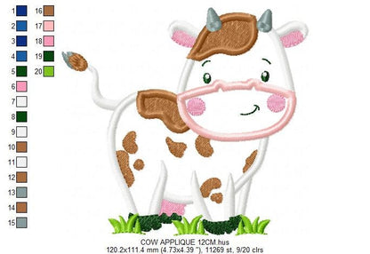 Cow embroidery design - Farm Animal ranch machine embroidery pattern - Cow applique design - Instant digital download pes jef dst hus vp3