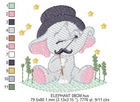 Elephant embroidery designs - Animal embroidery design machine embroidery pattern - Baby Boy embroidery file - Elephant top hat mustache