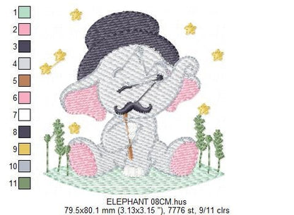 Elephant embroidery designs - Animal embroidery design machine embroidery pattern - Baby Boy embroidery file - Elephant top hat mustache