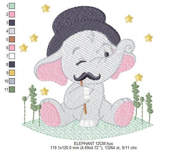 Elephant embroidery designs - Animal embroidery design machine embroidery pattern - Baby Boy embroidery file - Elephant top hat mustache