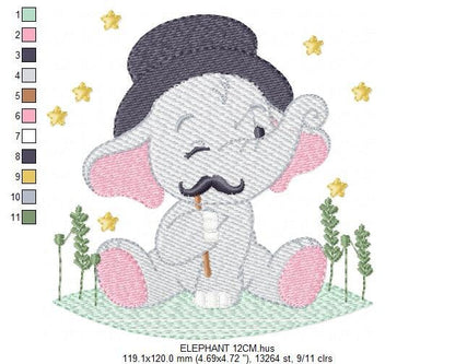 Elephant embroidery designs - Animal embroidery design machine embroidery pattern - Baby Boy embroidery file - Elephant top hat mustache
