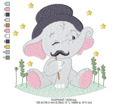 Elephant embroidery designs - Animal embroidery design machine embroidery pattern - Baby Boy embroidery file - Elephant top hat mustache