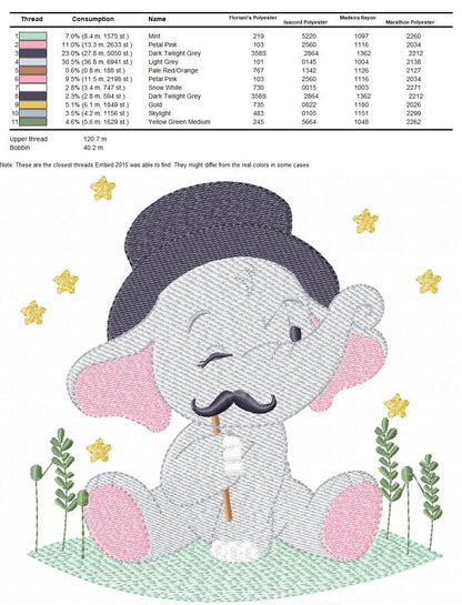 Elephant embroidery designs - Animal embroidery design machine embroidery pattern - Baby Boy embroidery file - Elephant top hat mustache