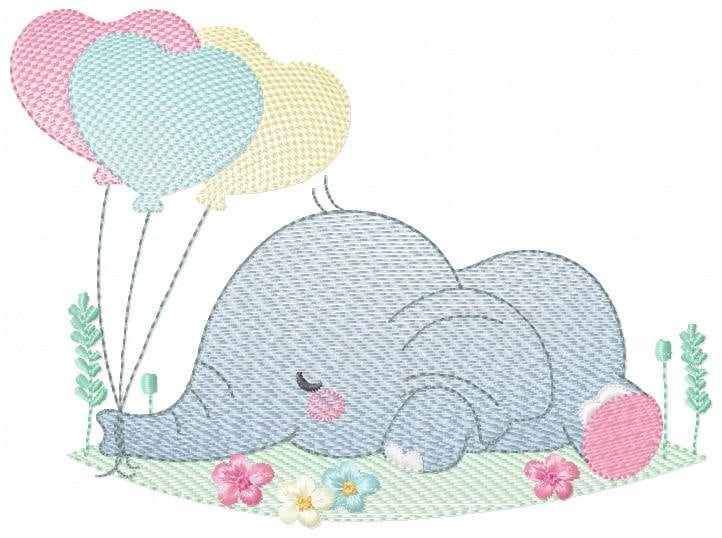 Elephant with balloons embroidery designs - Birthday Party Safari Wild Animal machine pattern - Baby boy and girl file - Instant download
