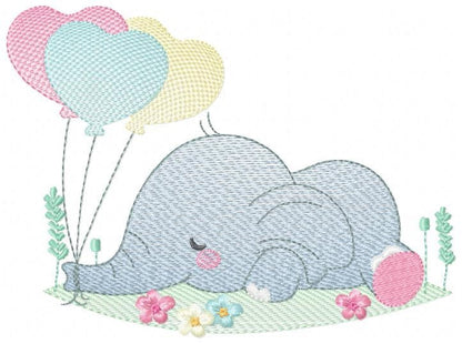 Elephant with balloons embroidery designs - Birthday Party Safari Wild Animal machine pattern - Baby boy and girl file - Instant download