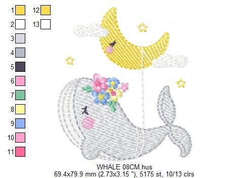Whale embroidery designs - Baby girl embroidery design machine embroidery pattern - Whale with moon embroidery file - instant download pes