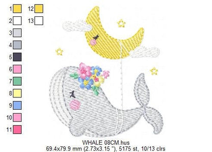 Whale embroidery designs - Baby girl embroidery design machine embroidery pattern - Whale with moon embroidery file - instant download pes