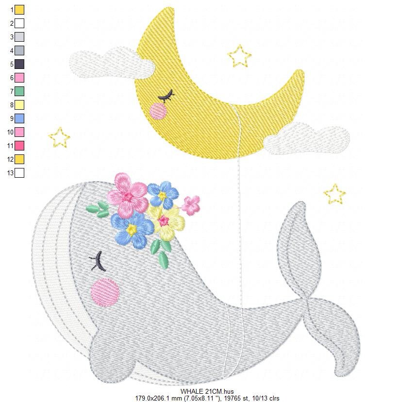 Whale embroidery designs - Baby girl embroidery design machine embroidery pattern - Whale with moon embroidery file - instant download pes