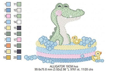 Crocodile embroidery design - Swimming Alligator machine embroidery pattern - Baby Boy Bathing Animal file - Instant digital download pes