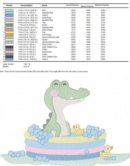 Crocodile embroidery design - Swimming Alligator machine embroidery pattern - Baby Boy Bathing Animal file - Instant digital download pes