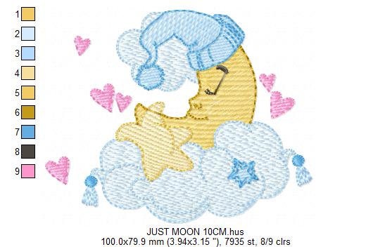 Sleeping moon embroidery design - Half moon with cloud stars and hearts machine embroidery pattern - Baby boy file - Instant download pes