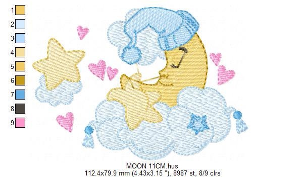 Sleeping moon embroidery design - Half moon with cloud stars and hearts machine embroidery pattern - Baby boy file - Instant download pes