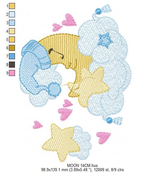 Sleeping moon embroidery design - Half moon with cloud stars and hearts machine embroidery pattern - Baby boy file - Instant download pes