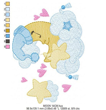 Sleeping moon embroidery design - Half moon with cloud stars and hearts machine embroidery pattern - Baby boy file - Instant download pes