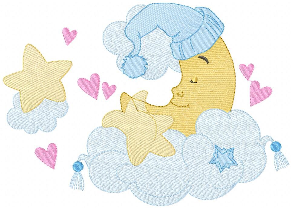 Sleeping moon embroidery design - Half moon with cloud stars and hearts machine embroidery pattern - Baby boy file - Instant download pes