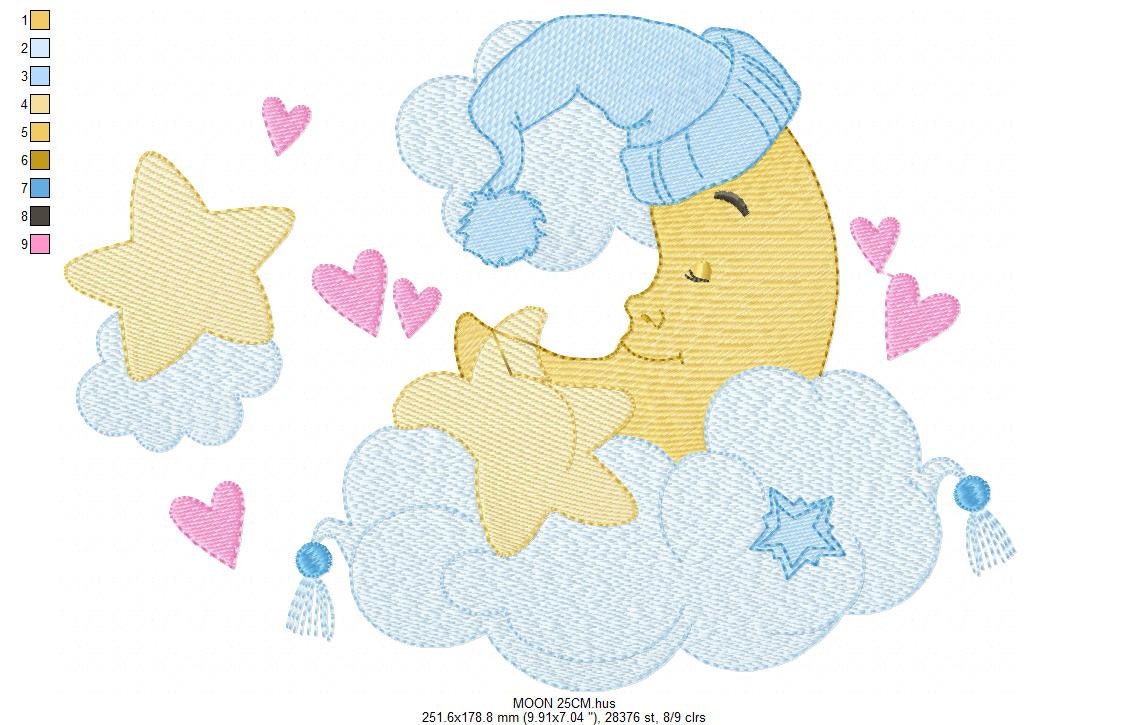Sleeping moon embroidery design - Half moon with cloud stars and hearts machine embroidery pattern - Baby boy file - Instant download pes