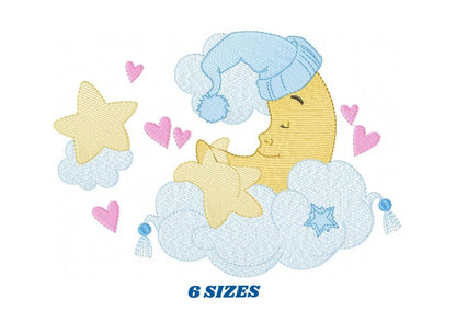 Sleeping moon embroidery design - Half moon with cloud stars and hearts machine embroidery pattern - Baby boy file - Instant download pes
