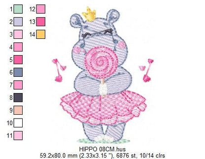 Hippo embroidery designs - Ballerina animal with lollipop and crown machine embroidery pattern - Baby girl file - Instant digital download