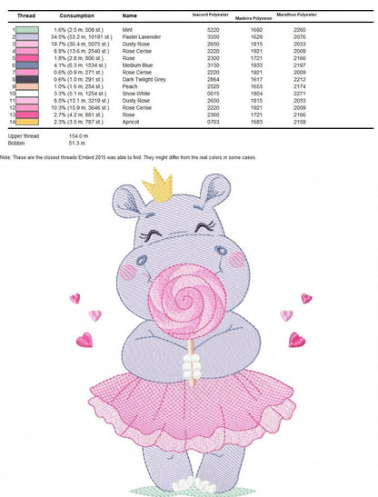 Hippo embroidery designs - Ballerina animal with lollipop and crown machine embroidery pattern - Baby girl file - Instant digital download