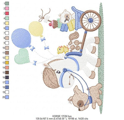 Horse embroidery design - Baby Boy Birthday Party Balloons machine embroidery pattern - Dog and Cat file - instant digital download pes jef