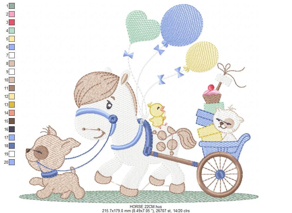 Horse embroidery design - Baby Boy Birthday Party Balloons machine embroidery pattern - Dog and Cat file - instant digital download pes jef