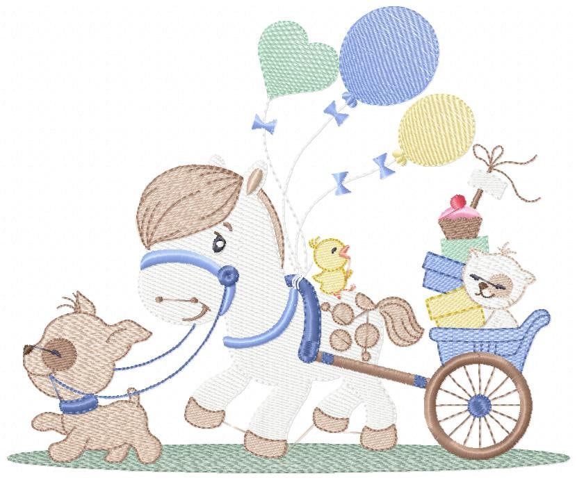 Horse embroidery design - Baby Boy Birthday Party Balloons machine embroidery pattern - Dog and Cat file - instant digital download pes jef