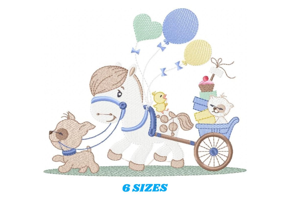 Horse embroidery design - Baby Boy Birthday Party Balloons machine embroidery pattern - Dog and Cat file - instant digital download pes jef