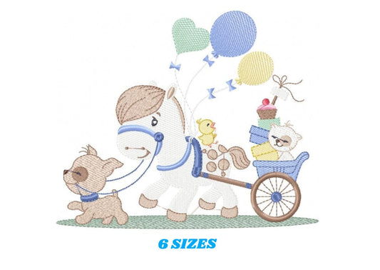 Horse embroidery design - Baby Boy Birthday Party Balloons machine embroidery pattern - Dog and Cat file - instant digital download pes jef