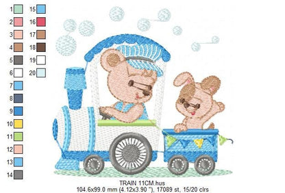Bear with train embroidery designs - Bear with dog machine embroidery pattern - Baby boy file - Instant digital download pes jef dst hus vp3