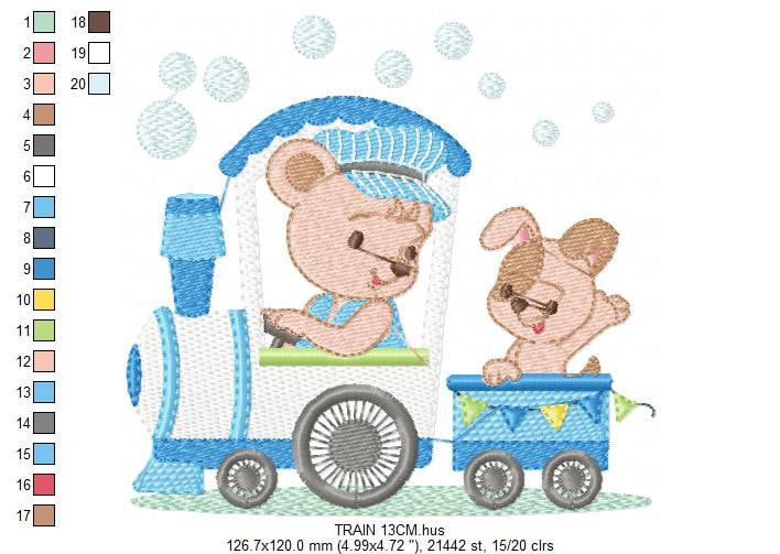 Bear with train embroidery designs - Bear with dog machine embroidery pattern - Baby boy file - Instant digital download pes jef dst hus vp3