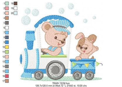 Bear with train embroidery designs - Bear with dog machine embroidery pattern - Baby boy file - Instant digital download pes jef dst hus vp3
