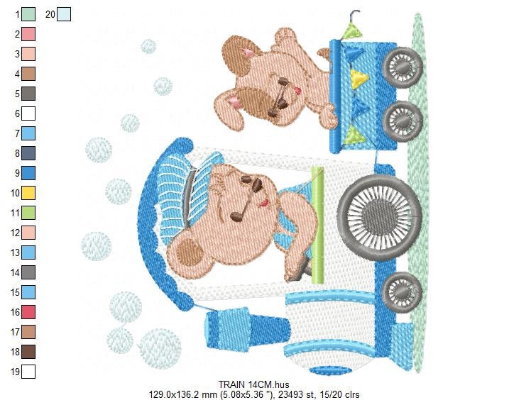 Bear with train embroidery designs - Bear with dog machine embroidery pattern - Baby boy file - Instant digital download pes jef dst hus vp3