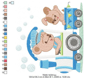 Bear with train embroidery designs - Bear with dog machine embroidery pattern - Baby boy file - Instant digital download pes jef dst hus vp3