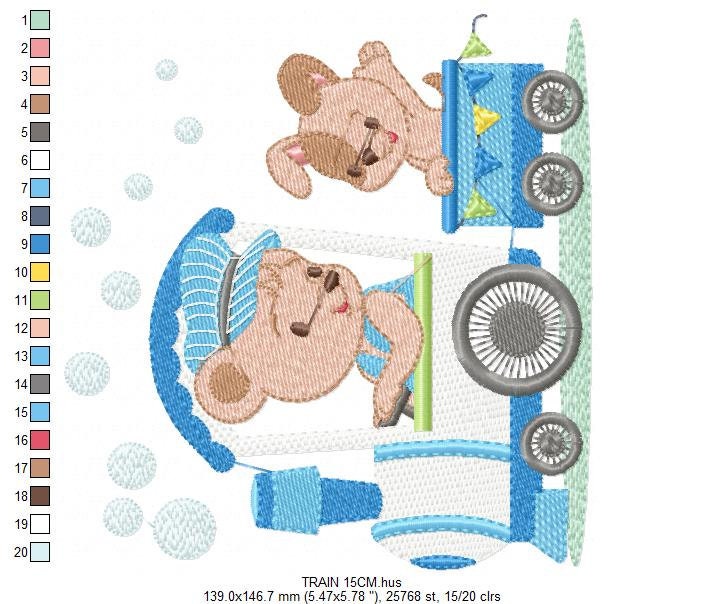 Bear with train embroidery designs - Bear with dog machine embroidery pattern - Baby boy file - Instant digital download pes jef dst hus vp3