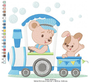 Bear with train embroidery designs - Bear with dog machine embroidery pattern - Baby boy file - Instant digital download pes jef dst hus vp3