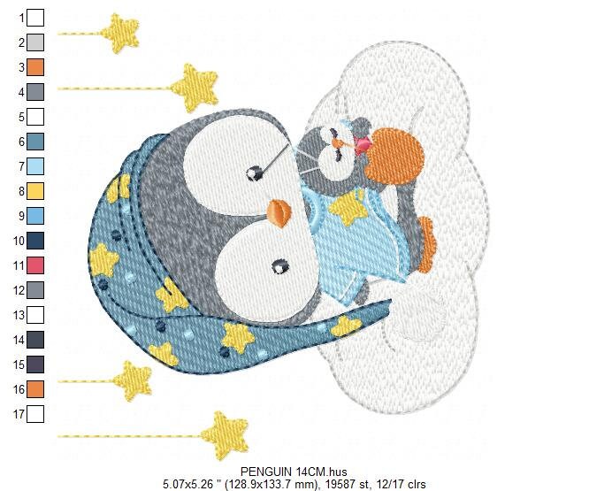 Penguin embroidery design - Animal embroidery designs machine embroidery pattern - Baby boy embroidery file - sleepy penguin night stars