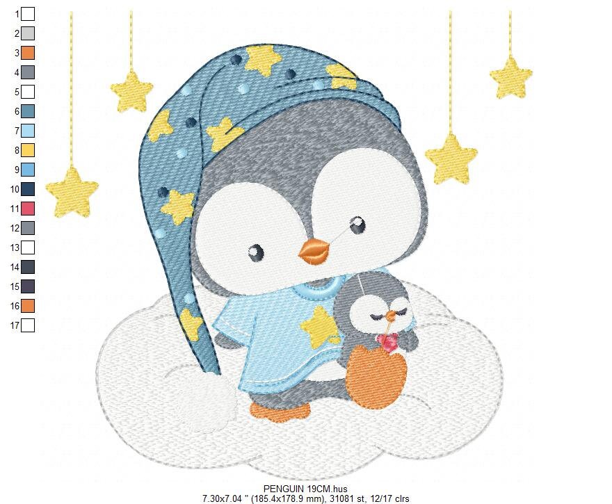 Penguin embroidery design - Animal embroidery designs machine embroidery pattern - Baby boy embroidery file - sleepy penguin night stars