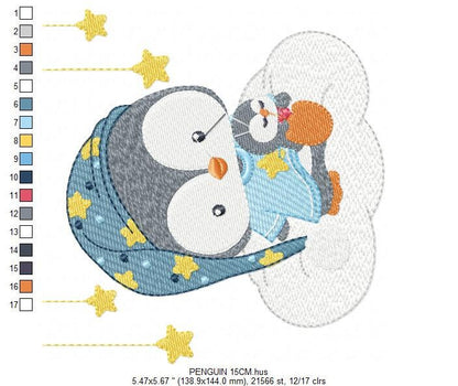 Penguin embroidery design - Animal embroidery designs machine embroidery pattern - Baby boy embroidery file - sleepy penguin night stars