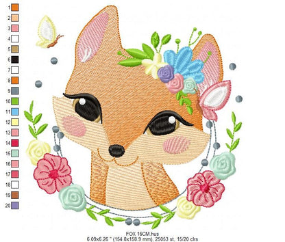 Fox with flowers embroidery designs - Woodland animal machine embroidery pattern - Baby girl embroidery file - Instant download pes jef dst