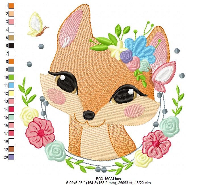 Red Fox with flower frame embroidery designs - Woodland wild animal machine embroidery pattern - Baby girl file - instant digital download