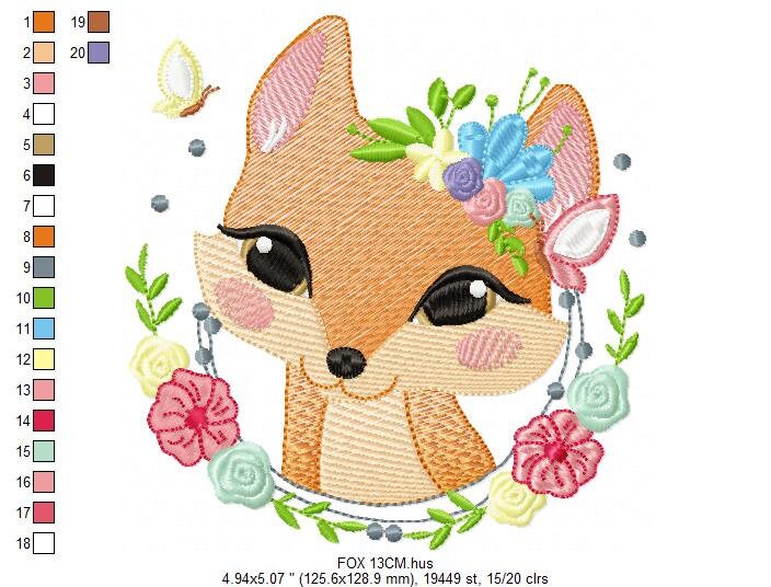 Fox with flowers embroidery designs - Woodland animal machine embroidery pattern - Baby girl embroidery file - Instant download pes jef dst