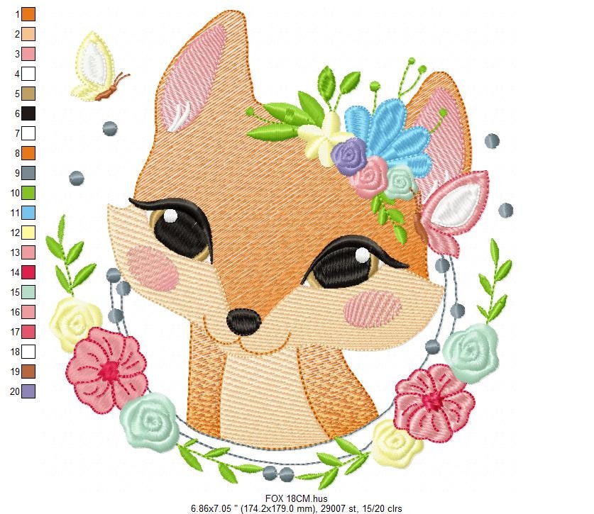 Red Fox with flower frame embroidery designs - Woodland wild animal machine embroidery pattern - Baby girl file - instant digital download
