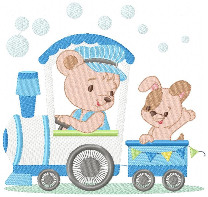 Bear with train embroidery designs - Bear with dog machine embroidery pattern - Baby boy file - Instant digital download pes jef dst hus vp3