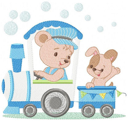 Bear with train embroidery designs - Bear with dog machine embroidery pattern - Baby boy file - Instant digital download pes jef dst hus vp3