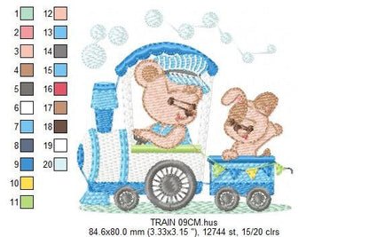 Bear with train embroidery designs - Bear with dog machine embroidery pattern - Baby boy file - Instant digital download pes jef dst hus vp3