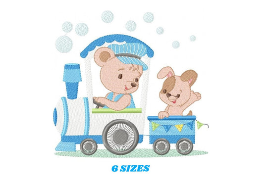 Bear with train embroidery designs - Bear with dog machine embroidery pattern - Baby boy file - Instant digital download pes jef dst hus vp3