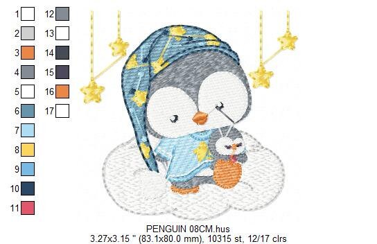 Penguin embroidery design - Animal embroidery designs machine embroidery pattern - Baby boy embroidery file - sleepy penguin night stars