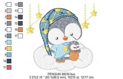 Penguin embroidery design - Animal embroidery designs machine embroidery pattern - Baby boy embroidery file - sleepy penguin night stars